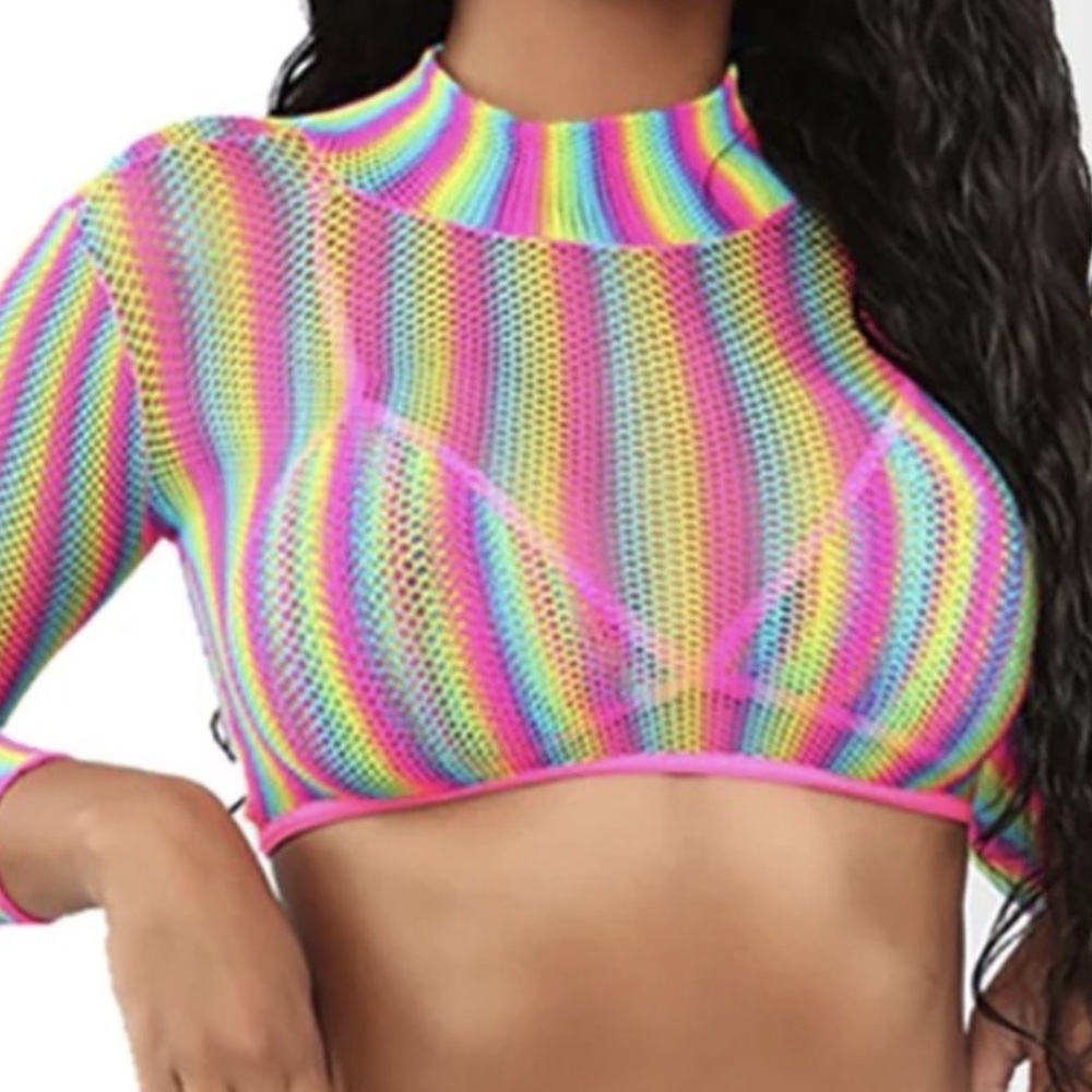 Rainbow Fishnet Long Sleeve Crop